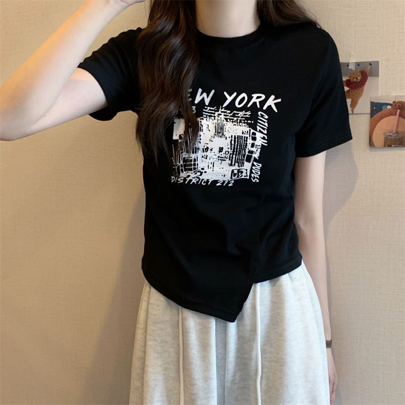 พร้อมส่ง-เสื้อครอปสาวอวบ-แฟชั่นฤดูร้อน-เสื้อผ้าสไตล์เกาหลี-เสื้อยืดสกรีนลายผู้หญิงน่ารัก-สวยๆ-crop-top-เอวลอย-ไม่ต้องรีด