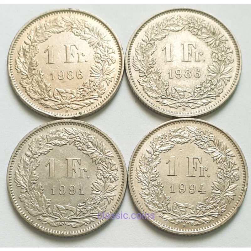 เหรียญ-1-franc-switzerland-ชุด-4-เหรียญ-helvetia-1986-1991-1994