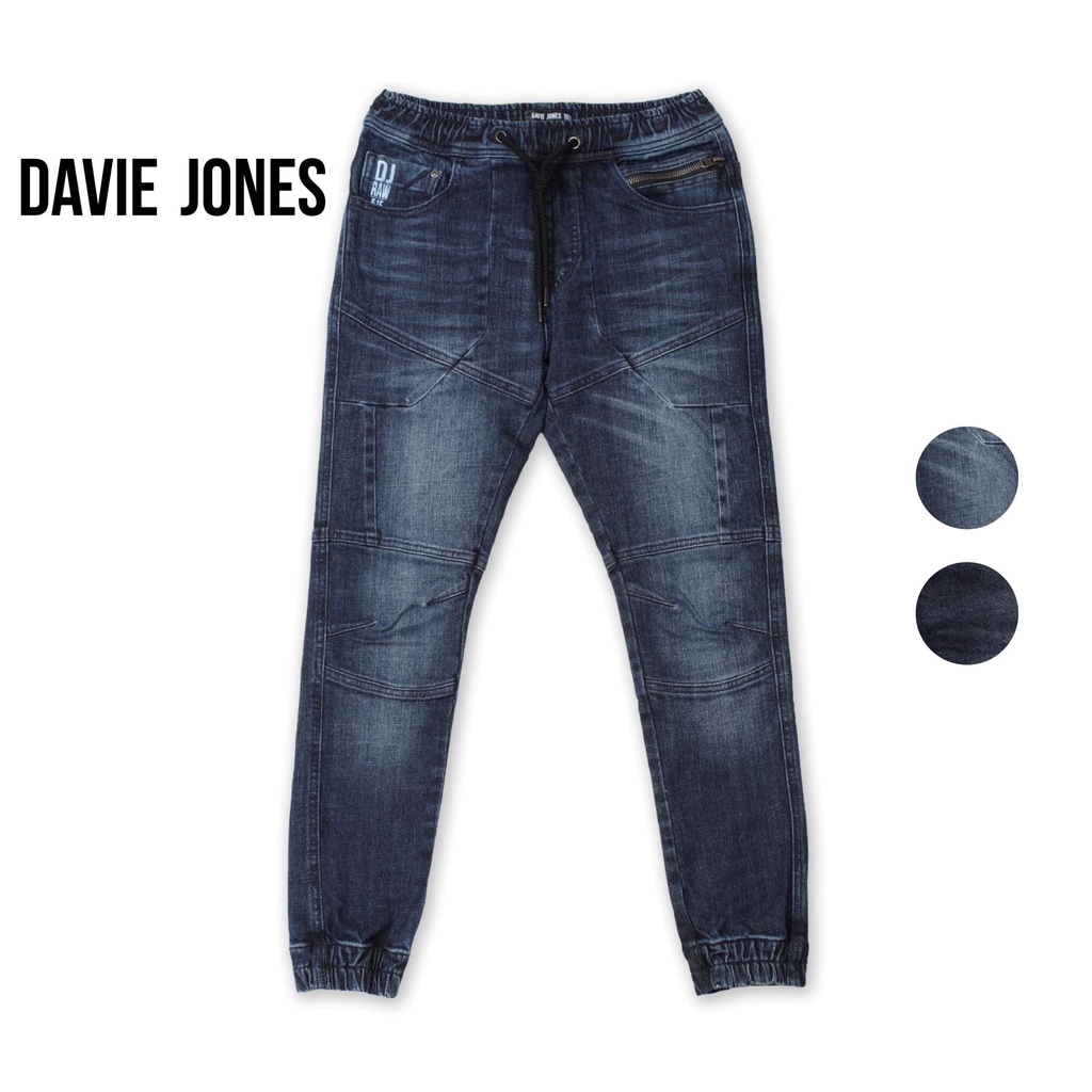 davie-jones-กางเกงจ็อกเกอร์-ยีนส์-เอวยางยืด-ขาจั๊ม-สีดำ-สีกรม-drawstring-denim-joggers-in-navy-black-gp0116ln-gp0117bk