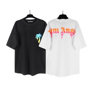 Palm angl * * เสื้อแขนสั้น พิมพ์ลายโลโก้ต้นปาล์ม บล็อกสี และหมึก แบบนิ่ม สะดุดตา