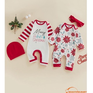 Beauty-baby Girls Christmas Romper ตัวอักษร / เกล็ดหิมะพิมพ์คอกลมแขนยาวจั๊มสูทพร้อมหมวก / ที่คาดผม