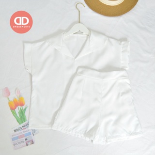 พร้อมส่ง 🌼7171 ชุดเซ็ท เสื้อ+กางเกงซิปข้าง คอบัว สีขาว เบาใส่สบาย น่ารักมาก 🌼