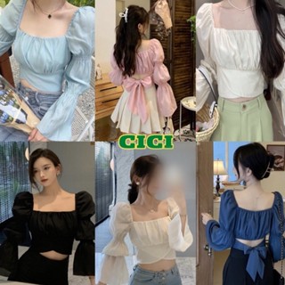 Cici(NO.A96)เสื้อครอปคอเหลี่ยม สม็อคแขน ดีเทลผูกโบว์ด้านหลัง น่ารัก