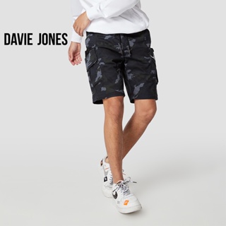 DAVIE JONES กางเกงขาสั้น ผู้ชาย เอวยางยืด ลายพราง สีกรม Camo Elasticated Shorts in navy SH0025NV