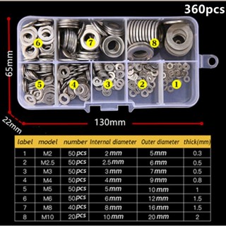 360Pcs Stainless steel Flat Washers Sealing Ring Washers Assortment Set 8 Sizes in a storage Box