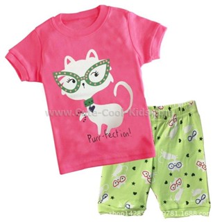 S-HUG-006 ชุดนอนเด็ก แนวเข้ารูป Slim Fit ผ้า Cotton 100% เนื้อบาง สีชมพู ลายแมว