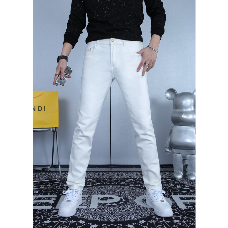 กางเกงยีนส์ผู้ชายแฟชั่นยุโรป-ทรงสลิม-2-สี-ขาวดำ-พิมพ์ลายพรีเมี่ยม-casualdenim