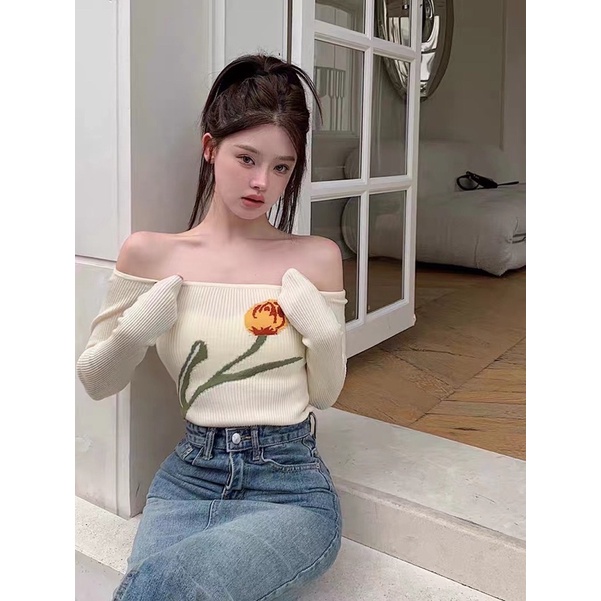tiwlib-top-เสื้อไหมพรหมแขนยาว-ปาดไหล่ดอกทิวลิป-พร้อมส่ง
