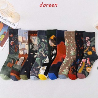 Doreen ถุงเท้ากีฬา ผ้าฝ้าย ลายภาพวาดสีน้ํามัน สไตล์นามธรรม เกาหลี เรโทร ใส่สบาย สําหรับผู้ชาย คู่รัก