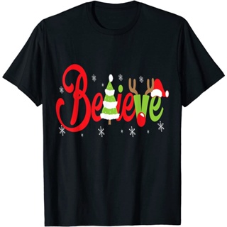 T-Shirt เสื้อยืดผ้าฝ้ายพิมพ์ลาย Believe Santa Christmas แฟชั่นสําหรับผู้ชาย ชุดคริสต์มาสใหม่
