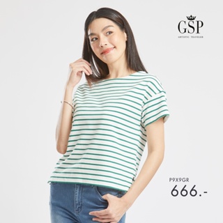 GSP เสื้อยืด เสื้อยืดผู้หญิง Lucky Stripes Blouse เสื้อยืดแขนสั้นลายริ้วสีเขียว  (P9X9GR)