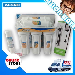 ACOBI เครื่องกรองน้ำ 5 ขั้นตอน+UV6W พร้อมอุปกรณ์ครบชุด แถมฟรีไส้กรองน้ำ PP 5 micron (1) + Fitting เกลียว 2 สาย 2 (2)