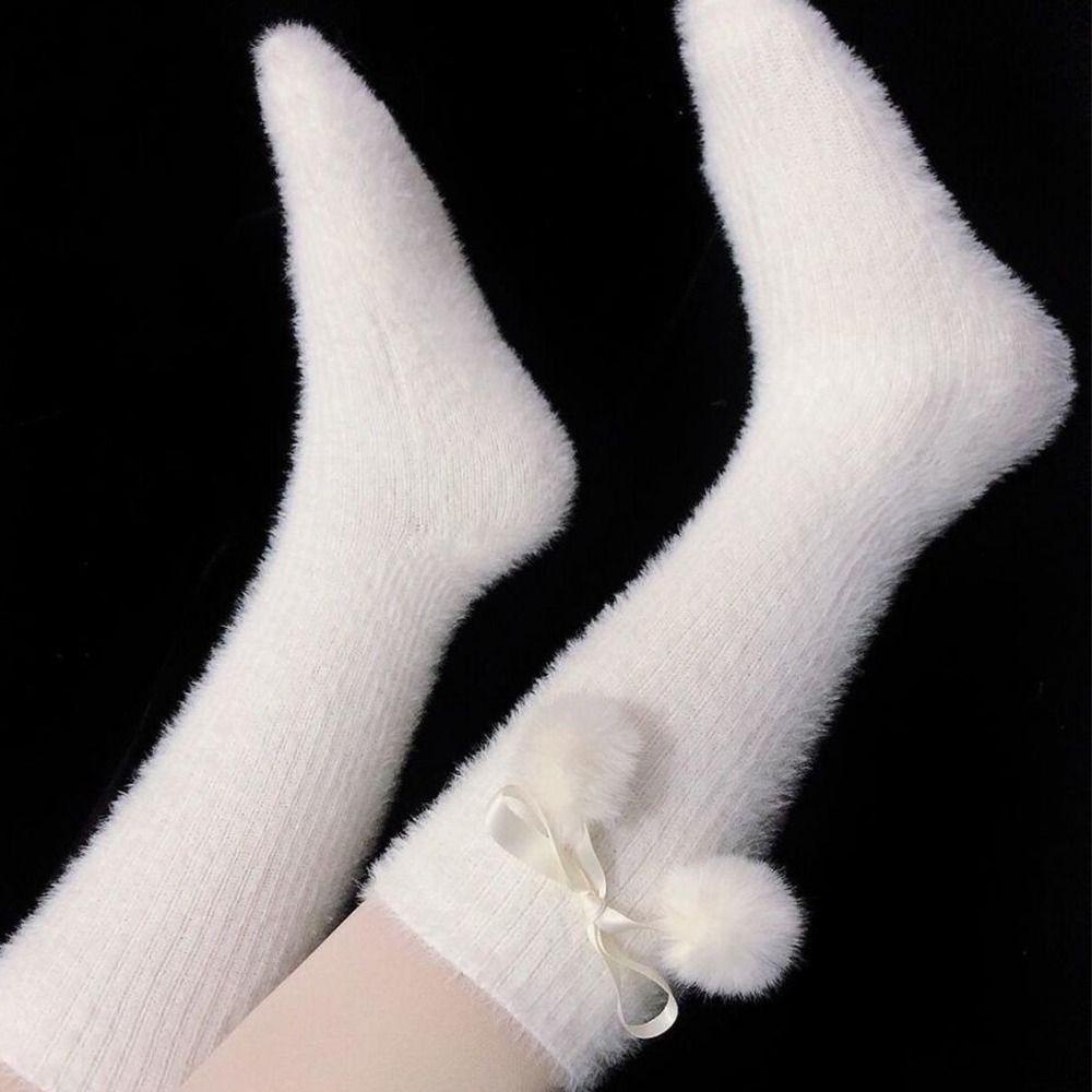 ถุงเท้ายาว-ผ้ากํามะหยี่ขนนิ่ม-แต่งจี้ลูกบอล-สไตล์ฮาราจูกุ-แฟชั่นโลลิต้า-เหมาะกับหน้าหนาว-สําหรับคอสเพลย์