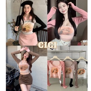 Cici ❣🇹🇭🚚พร้อมส่ง❣(J1332)เสื้อครอปแขนยาว ลายน้องแมวเหมียวดีเทลคอเว้า เข้ารูปสวย น่าร้ากกมากก