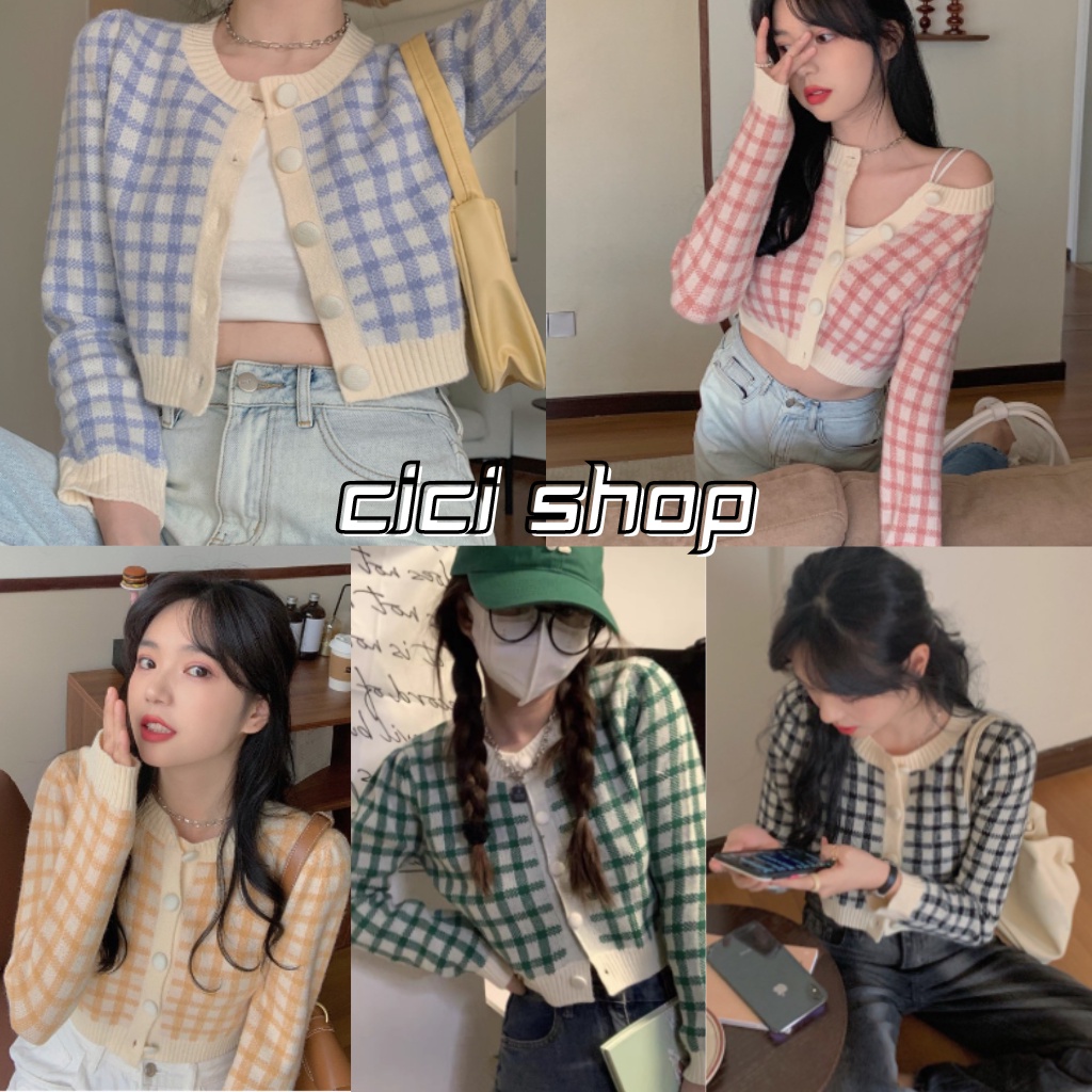 ภาพหน้าปกสินค้าCicishop(Z23012)เสื้อคานิแกนไหมพรมคอกลม ลายตารางแต่งกระดุม สีหวานน่ารักมาก จากร้าน cicishop1 บน Shopee