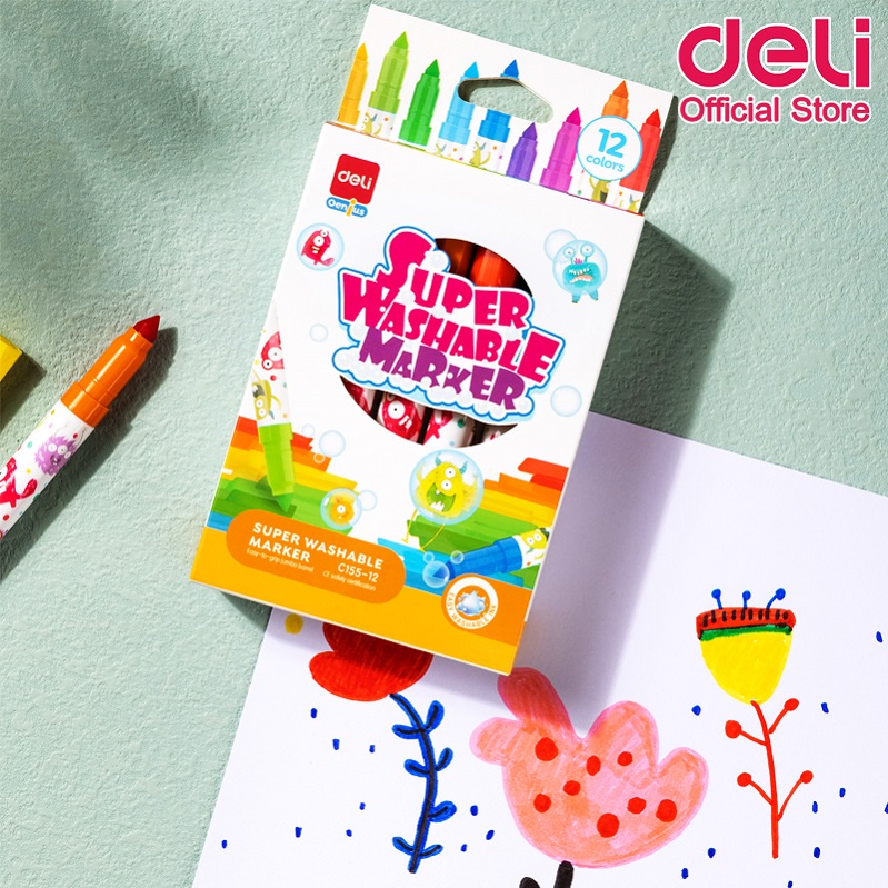 deli-c155-12-felt-pen-ชุดปากกามาร์คเกอร์-สีเมจิก-12-สี-ล้างออกได้-สำหรับเด็ก-ปลอดสารพิษ-เครื่องเขียน-สี-สีเมจิก-ปากกาเมจิก