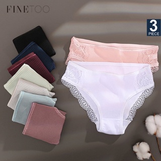 Finetoo กางเกงชั้นใน ผ้าฝ้าย เอวต่ํา แต่งลูกไม้ ลายดอกไม้ สีพื้น เซ็กซี่ สําหรับผู้หญิง 3 ชิ้น ต่อชุด
