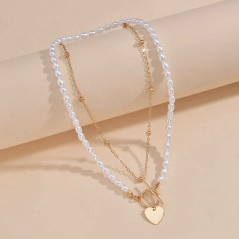พร้อมส่ง-สร้อยคอเครื่องรางรูปหัวใจ-amp-ไข่มุก-2-ชั้น