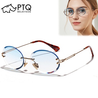 แว่นตากันแดด UV400 กรอบโลหะ ทรงวงรี ไม่มีขอบแว่น แฟชั่นใหม่ 2020 สําหรับผู้ชาย ผู้หญิง PTQ