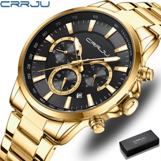 Crrju นาฬิกาข้อมือควอตซ์แฟชั่น สายแสตนเลส เรืองแสง กันน้ํา คุณภาพสูง สไตล์นักธุรกิจ พร้อมกล่อง สําหรับบุรุษ 2303