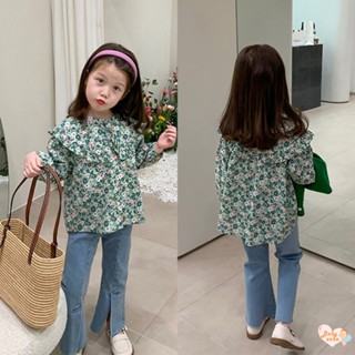 Babyzone เสื้อเชิ้ต คอปก ลายดอกไม้ สไตล์ตะวันตก + กางเกงขายาว แฟชั่นฤดูใบไม้ร่วง สําหรับเด็กผู้หญิง 2-7 ปี สองชิ้น