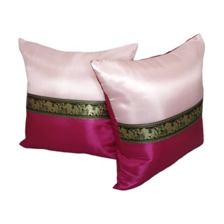 (เฉพาะปลอก) ชุดปลอกหมอน 2 ชิ้น สไตล์ลายคาดช้างไทย สีชมพู (Thai Twin Pillow Cover)
