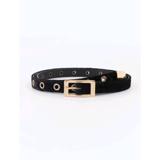 เข็มขัดแฟชั่น PU กำมะหยี่ เข็มขัดเส้นเล็ก น่ารักๆ หัวเหลี่ยม สีดำ Eyelet Detail Rectangle Buckle Velvet Belt (ส่งจากไทย)