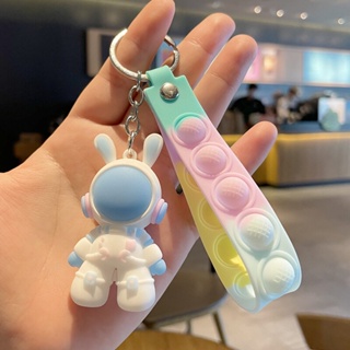 พวงกุญแจเชือกหนัง จี้ตุ๊กตากระต่ายอวกาศ สามมิติ PVC สําหรับแขวนกระเป๋าเด็ก กระเป๋านักเรียน