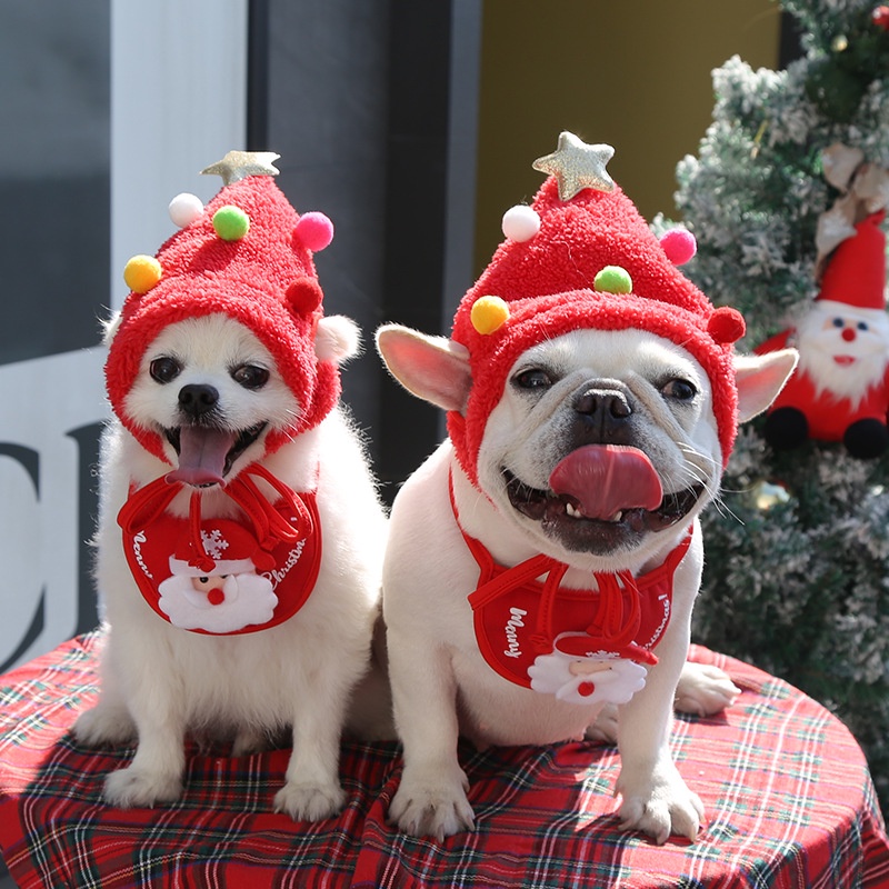 หมวกคริสต์มาส-ผ้ากันเปื้อนน้ําลาย-ผ้าขนหนู-แฟชั่นฤดูใบไม้ร่วง-และฤดูหนาว-สําหรับสัตว์เลี้ยง-สุนัขปอมเปอเรเนียน-แมว