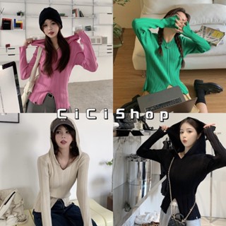 Cicishop(M491)เสื้อฮู้ดไหมพรมแขนยาว ผ้าร่อง มีกิมมิคผ่าหน้า สีคมชัดสวย จับคู่กับอะไรก็คือปัง