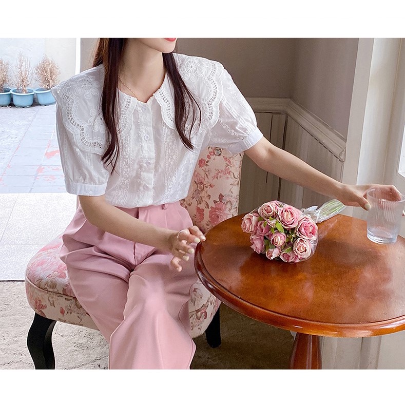 50577-เสื้อเชิ้ตแขนสั้น-คอปก-ปักลายลูกไม้-สไตล์ใหม่