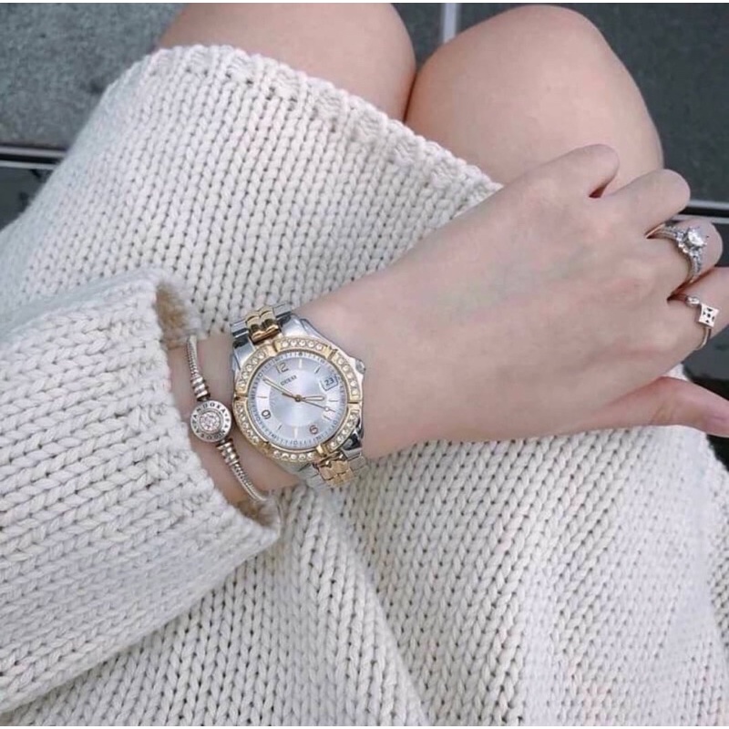 ผ่อน0-นาฬิกา-guess-womens-stainless-steel-two-tone-crystal-accented-watch-ขนาด36มม-หน้าปัดล้อมคริสตัล-ทูโทน