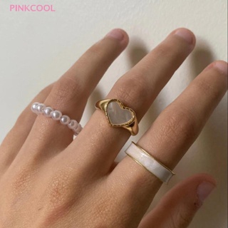 Pinkcool 3 ชิ้น / เซต แหวนหัวใจ เคลือบ เกาหลี แฟชั่น แหวนมุก สําหรับผู้หญิง เรขาคณิต รูปทรงโซ่ ไม่สม่ําเสมอ เปิดชุดแหวน เครื่องประดับสนับมือ ขายดี