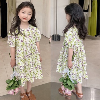ชุดเดรสเจ้าหญิง คอกลม แขนพอง ลายดอกไม้ แฟชั่นสไตล์เกาหลี สําหรับเด็กผู้หญิง อายุ 3-8 ปี