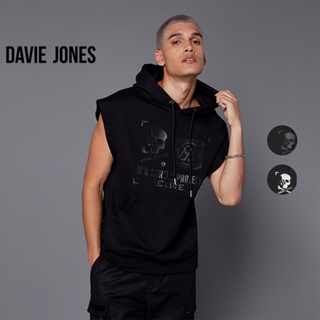 DAVIE JONES เสื้อฮู้ด โอเวอร์ไซส์ แขนกุด ปั้มลาย สีดำ Pullover Hoodie in black PU0011BK 12BK