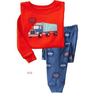 L-HUB-513 ชุดนอนเด็กผู้ชาย ผ้าเนื้อบางนิ่ม สีส้มลายรถ 🚗พร้อมส่งด่วนจาก กทม.🇹🇭