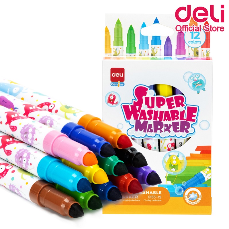 deli-c155-12-felt-pen-ชุดปากกามาร์คเกอร์-สีเมจิก-12-สี-ล้างออกได้-สำหรับเด็ก-ปลอดสารพิษ-เครื่องเขียน-สี-สีเมจิก-ปากกาเมจิก