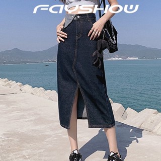 FayShow กระโปรงยีนส์ยาว กระโปรงยีนส์เอวสูง FS22111720