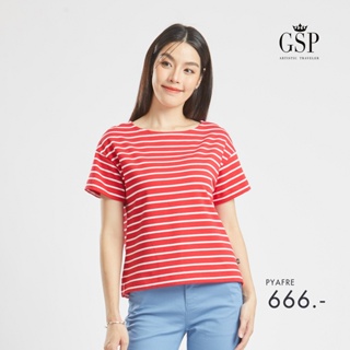 GSP เสื้อยืด เสื้อยืดผู้หญิง (จีเอสพี)Blouse เสื้อยืดแขนสั้นลายริ้วสีแดง Lucky Stripes (PYAFRE)