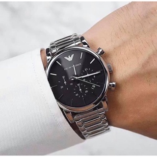 (ผ่อน0%)นาฬิกา Unisex หญิงและชาย EMPORIO ARMANI AR1853 Chronograph Black Dial Stainless Steel Watch 41 mm. สแตนเลสสีเงิน