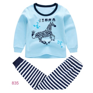 L-PJB-835-BM สีฟ้าลายม้าลาย - ชุดนอนเด็กแนวเกาหลี ผ้า Cotton 🚒 พร้อมส่ง ด่วนๆ จาก กทม 🚒