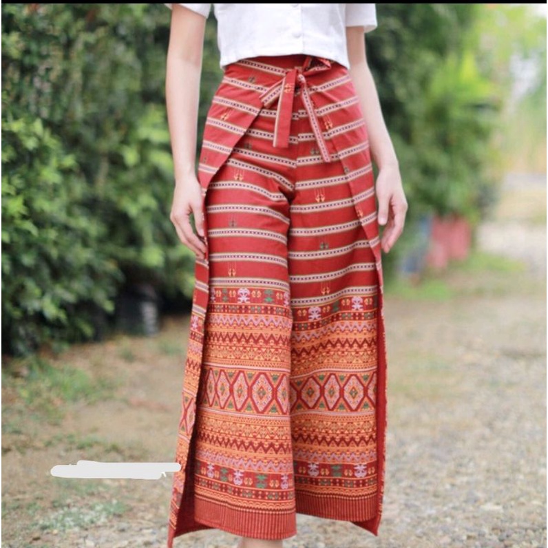 กางเกงผ้าฝ้ายลายไทย-กางเกงใส่แบบผูกโยงหน้าหลัง-ใส่สบายผ้าฝ้ายนิ่ม
