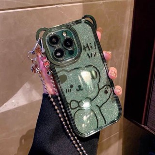 เคสโทรศัพท์มือถือ ลายหมี แต่งกลิตเตอร์ พร้อมสายโซ่คล้องคอ หรูหรา สําหรับ iPhone 14 Pro Max 11 12 13 Pro Xs Xr X