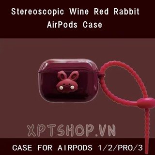 เคสหูฟังบลูทูธไร้สาย แบบนิ่ม ลายกระต่าย สีไวน์แดง พร้อมจี้เชือก สําหรับ AirPods Pro AirPods3 AirPods 3 2 1