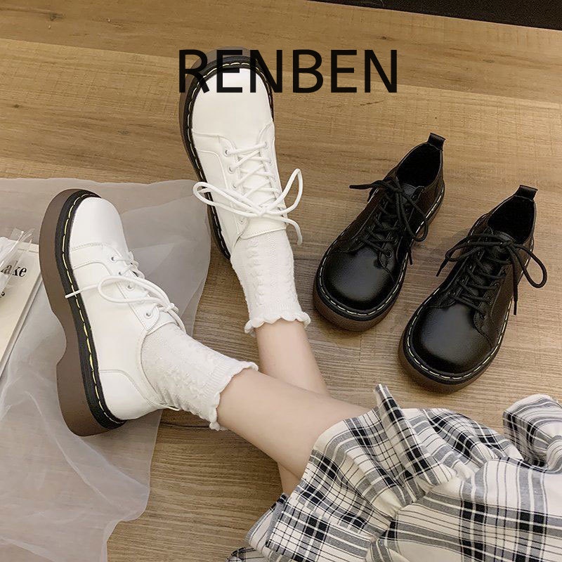 renben-แพลตฟอร์มของผู้หญิงยกรองเท้าหนังขนาดเล็กสไตล์อังกฤษลูกไม้รองเท้าแมรี่เจน