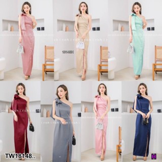 PE18148  Maxi Dress เดรสยาวไหล่เบี่ยง โบว์ใหญ่