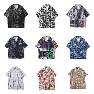 เสื้อเชิ้ตแขนห้าส่วนลําลอง ทรงหลวม พิมพ์ลายดอกไม้ เหมาะกับเดินชายหาด สไตล์ฮาราจูกุ สําหรับผู้ชาย