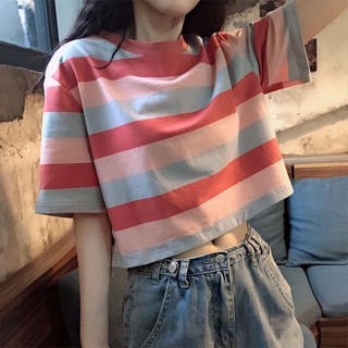 เสื้อยืดแขนสั้น ลายทาง สีรุ้ง สไตล์เกาหลี สําหรับผู้หญิง、เนื้อผ้านุ่มสบาย