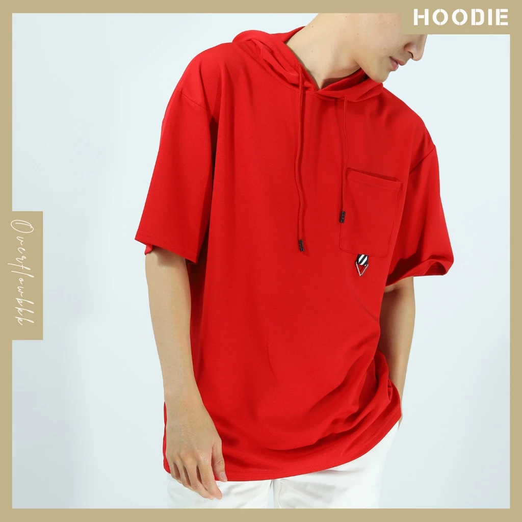 เสื้อยืดหมวกแขนสั้น ฮู้ดดี้ เสื้อแขนสั้น สีพื้น BASIC Hoodie สีกรมท่า แดง ดำ ขาว เขียว ชมพู มัสตาร์ด