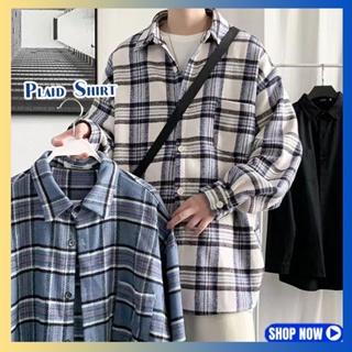 Mens Plaid Shirt Long Sleeve Shirt Color Blocking Loose Shirt